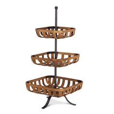 three tiered wooden basket stand with metal base