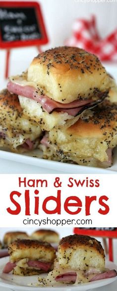 ham and swiss sliders on a plate with text overlay that reads ham and swiss sliders