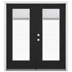 a black double door with blinds on the top and side panels, in front of a white background