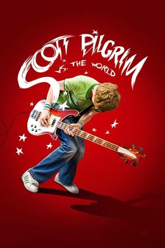 a young man playing an electric guitar in front of a red background with the words got pilgrim at the world