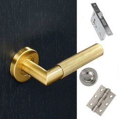 an image of a door handle and latch on the side of a black door with brass hardware