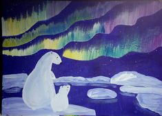 two polar bears are sitting on ice in front of an aurora bore and northern lights