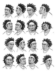 various facial expressions and hair styles for the character