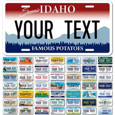 idaho license plate with the words your text and mountains in red, white, and blue