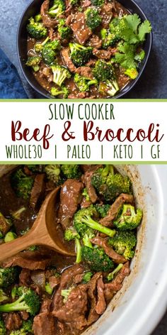 slow cooker beef and broccoli in a bowl with a wooden spoon