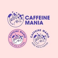 the logo for caffeine mania coffee and bar coffee, with two cats on