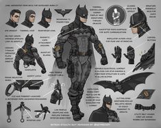 the batman costume is shown with all its accessories and armor, as well as instructions for how to wear it