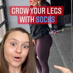 a woman taking a selfie in front of a mirror with the words grow your legs with socks