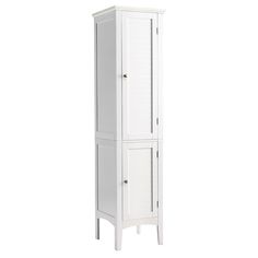 a tall white cabinet sitting on top of a floor