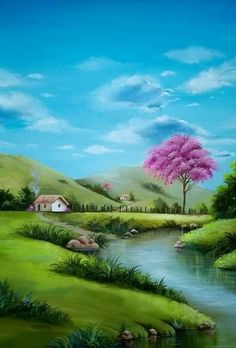 a painting of a river running through a lush green field next to a small house