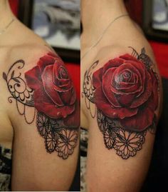 two pictures of red roses on the back of a woman's shoulder and arm