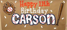 a happy 11th birthday sign with baseballs and mitts on it's side