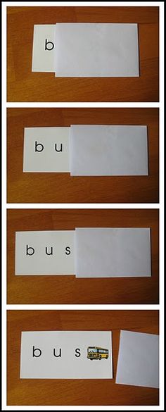 four different pictures of the words bus and bus driver on white paper with black letters