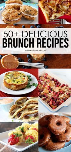 many different types of brunch are shown in this collage with the words, 50 + delicious brunch recipes