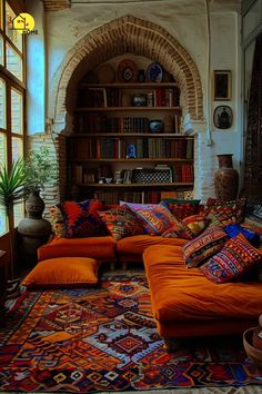 a living room filled with lots of colorful furniture