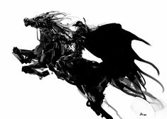 a black and white drawing of a person riding a horse with wings on its back