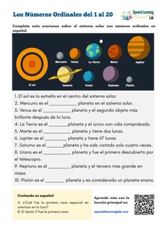 an image of the planets and their names on a sheet with text that reads los numeros ordinas del 1 at 2 0