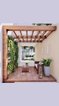 an outdoor living area with potted plants on the floor and wooden pergoline