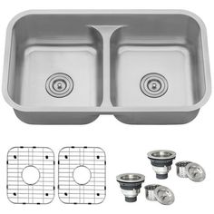 stainless steel double bowl kitchen sink with drainers, strainers and strainer set