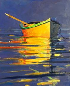 a painting of a yellow boat floating on top of the water with a blue sky in the background