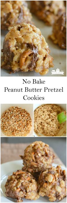 no bake peanut butter pretzel cookies on a white plate with the words, no bake peanut butter pretzel cookies