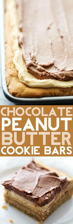 chocolate peanut butter cookie bars on a white plate with the words, chocolate peanut butter cookie bars