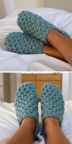 two pictures of someone's feet in crocheted slippers on a bed