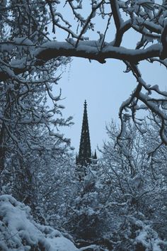 a church tower is seen through the trees covered in snow