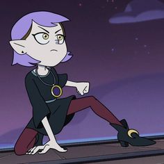 a cartoon character sitting on the ground with her legs crossed and purple hair, wearing black