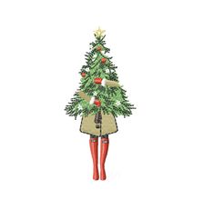 a woman standing next to a christmas tree in front of a white background with red boots