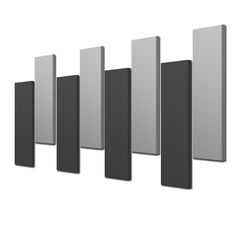 a set of five metal pieces hanging on the wall with black and white paint in front of them