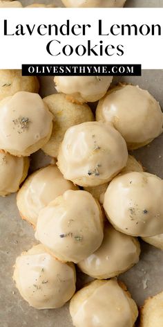 lemon cookies with icing on top and the words lavender lemon cookies overlayed