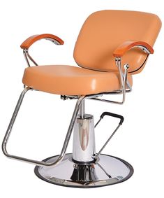 a chair that is sitting on top of a metal base with an orange leather seat