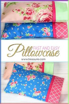 three pillows with different designs on them and the words, fast and easy pillowcase