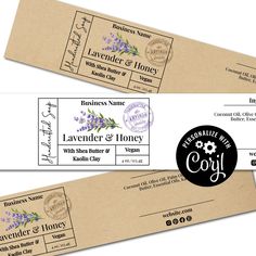 two tickets for lavender and honey are shown with the label on it's side