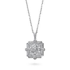 This art deco pendant necklace glows in the vintage-inspired beauty of a simpler time, with its sophisticated allure and elegant design. Crafted with sterling silver, rhodium plated, stamped 925, nickel free. Set with premium quality 0.79 carat total cubic zirconia. Chain measures 18" in length. Pendant measures 1.05" (L), 0.82" (W). Lobster claw clasp. Art Deco Pendant Necklace, Chain Ring Gold, Vintage Inspired Art, Art Deco Pendant, Travel Jewelry Case, Bridesmaid Bracelet, Cz Pendant, Band Jewelry, Bridal Bracelet