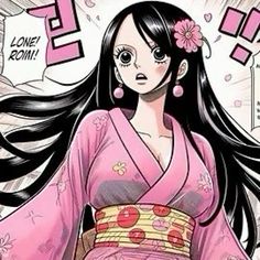 an anime character with long black hair wearing a pink kimono and flower in her hair