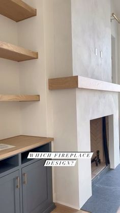 an empty living room with open shelving and fireplace