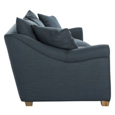 Designer styling characterizes the beautiful lines of the transitional Lindale Sofa. With sloping arms, two dramatic seat cushions and loose pillow back, this piece is sculptural and dynamic. Covered in navy blue linen, the Lindale Sofa sits on washed oak legs. 104"W x 42"D x 34"H Color: Navy Material: Wood, Linen Fabric Navy Blue Sofa, Navy Blue Linen, Mattress Sofa, Navy Linen, Futon Sofa, Linen Sofa, Blue Wood, Beautiful Lines, Linen Upholstery