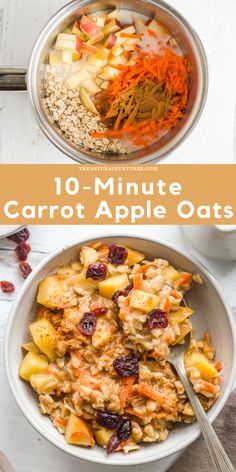 two bowls filled with carrots, apples and oats