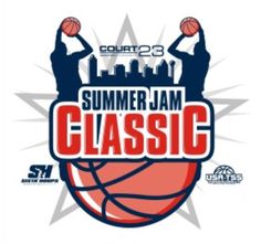 the logo for summer jam classic, featuring two basketball players with their hands up in the air