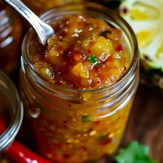 a jar filled with food sitting on top of a table