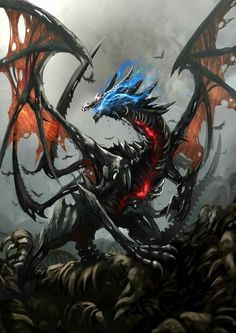 a blue and red dragon sitting on top of a pile of rocks in the sky