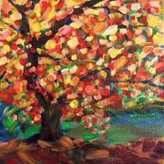 an oil painting of a tree with colorful leaves