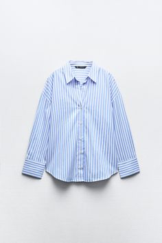 STRIPED POPLIN SHIRT Spring Tops With Striped Fold Down Collar, Spring Workwear Dress Shirt With Striped Collar, Daywear Tops With Striped Spread Collar, Classic Cotton V-neck Shirt, Classic V-neck Cotton Shirt, Office Shirt With Collared Neckline And Placket, V-neck Tops With Striped Collar For Work, V-neck Workwear Tops With Striped Collar, Fall Button-up Shirt With Striped Collar