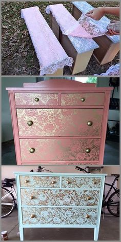 an old dresser has been painted pink and gold with lace on the top, then it is