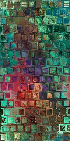 an abstract painting with squares and rectangles in shades of green, purple, red