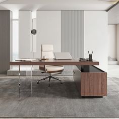 an office desk with a laptop on it in front of a large window that looks out onto the city