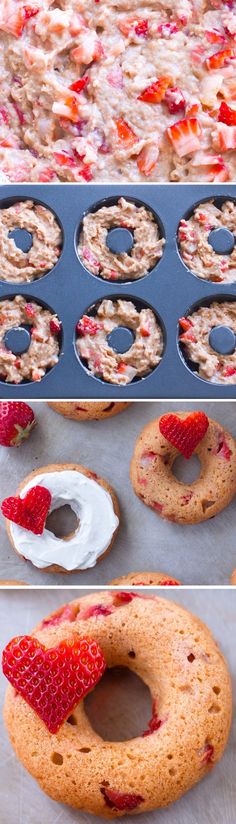 strawberry shortbread donuts with white frosting and fresh strawberries in the middle