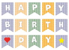 happy birthday bunting banner with hearts and stars on the front, in various colors